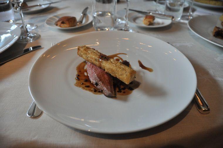 roasted duckling breast, well-done thigh, panisse niçoise, and olives juice