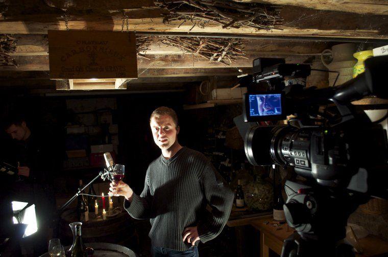 Guillaume Bodin working the tasting glass for a scene shot in his parents' cellar in Haute-Savoie.
