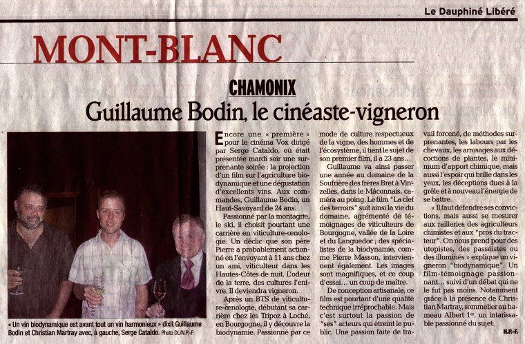 Guillaume Bodin, le cinéaste vigneron | Le Dauphiné Libéré - Jeudi 1er Septembre 2011 - Rubrique Chamonix