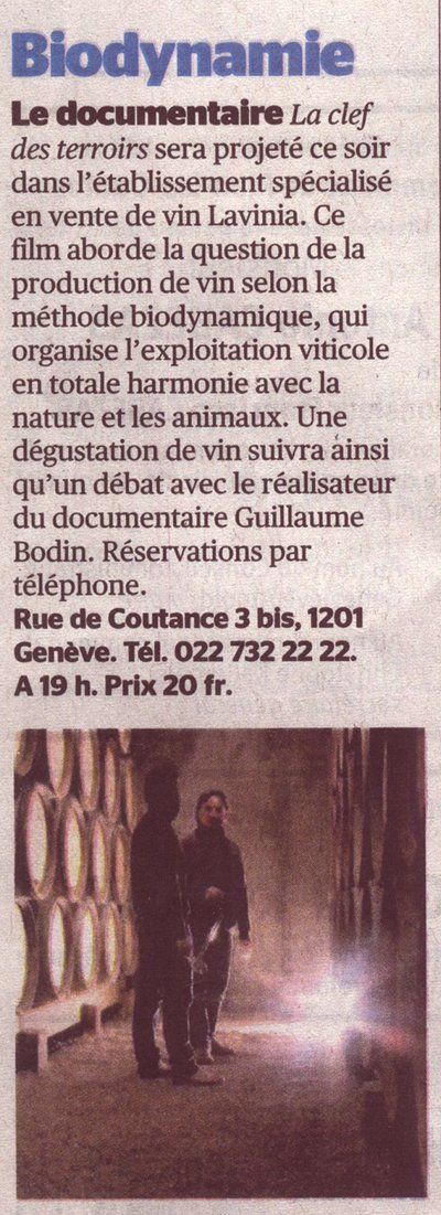 Biodynamiela, le documentaire dans La Tribune de Geneve